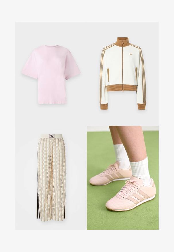 Valge lühendatud jakk, millel on soonikkoes pruun krae ja mansetid. Omab kahte küljetaskut ja kolme pruuni triipu varrukatel. Siidistatud logo.; Roosa puuvillane T-särk ümarate krae, lühikeste varrukatega ja suuruse poolest üle mõõdu. Pehme tekstuur ja lihtne disain ilma mustrite või aktsentideta.; Kreemivärvilised lai säärega püksid, millel on siksakmustrit, must logoga vööp ja külgmised mustad triibud. Kerge, tekstureeritud kangas.; Heled roosa sportjalatsid diagonaalse õmblusega, valged tallad ja kolm külgtriipu. Kandmiseks ribadega valgete sokkidega rohelisel pinnal.