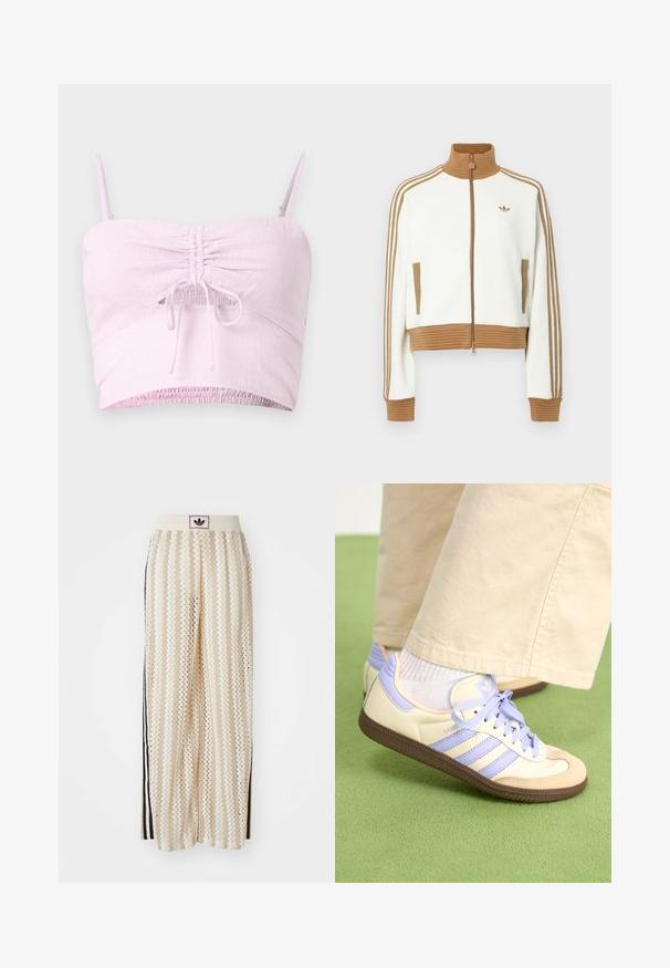 Biely skrátený kabát s rebrovaným hnedým golierom a manžetami. Obsahuje dve bočné vrecká a tri hnedé pruhy po stranách rukávov. Vyšívané logo.; Svetloružový crop top s nastaviteľnými ramienkami, s prehnutým predným detailom a elastickým lemom. Textúrovaná látka pridáva mäkkosť.; Béžové nohavice s širokými nohavicami a zigzagovými vzormi, s čiernym logom na páse a bočnými čiernymi pruhmi. Ľahká, textúrovaná látka.; Krémovo-fialové tenisky so tromi pruhmi a štruktúrovanou hnedou podrážkou, s šnúrkami a polstrovaným opätkom. Mäkký textilný zvršok.