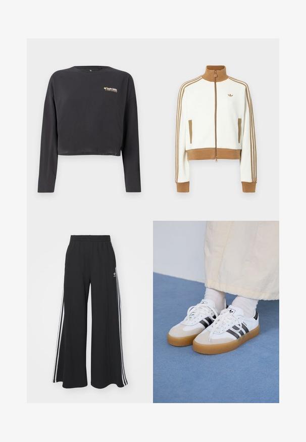 Fehér, rövidített dzseki bordás barna gallérral és mandzsettákkal. Két oldalsó zsebbe és három barna csíkba az ujjak mentén. Hímzett logóval.; Rövidre vágott, hosszú ujjú póló sötétszürke pamutból, kis, színes Rip Curl logóval a mellkasán és laza szabással.; Fekete, bő szárú melegítőnadrág, rugalmas derékkal, fehér oldalsávokkal és hímzett logóval a bal combon.; Fehér sportcipő fekete csíkokkal és bézs velúr részletekkel. Texturált gumi talppal és lapos fehér fűzőkkel rendelkezik, világos színű zoknival viselve.