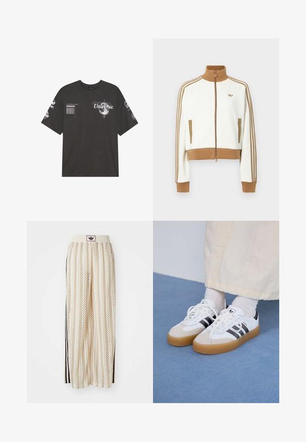 Biely skrátený kabát s rebrovaným hnedým golierom a manžetami. Obsahuje dve bočné vrecká a tri hnedé pruhy po stranách rukávov. Vyšívané logo.; Čierne bavlnené tričko s krátkymi rukávmi, okrúhlym výstrihom a potlačou vrátane textu a lunárnych motívov na prednej strane a rukávoch.; Béžové nohavice s širokými nohavicami a zigzagovými vzormi, s čiernym logom na páse a bočnými čiernymi pruhmi. Ľahká, textúrovaná látka.; Biele tenisky s čiernymi pruhmi a béžovými semišovými detailmi. Majú textúrovanú gumovú podrážku a ploché biele šnúrky, kombinované s svetlými ponožkami.