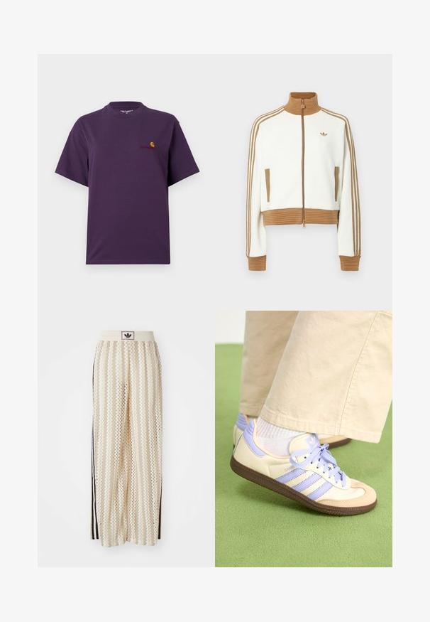 White cropped jacket with a ribbed brown collar and cuffs. Features two side pockets and three brown stripes along the sleeves. Embroidered logo.; Purple cotton T-shirt with a crew neckline and short sleeves. Features a small logo in orange and red on the left chest.; Cream-colored wide-leg pants with a zigzag pattern, featuring a black logo waistband and side black stripes. Lightweight, textured fabric.; Cream and lavender sneakers with three stripes and a textured brown sole, featuring laces and a padded heel. Soft fabric upper.