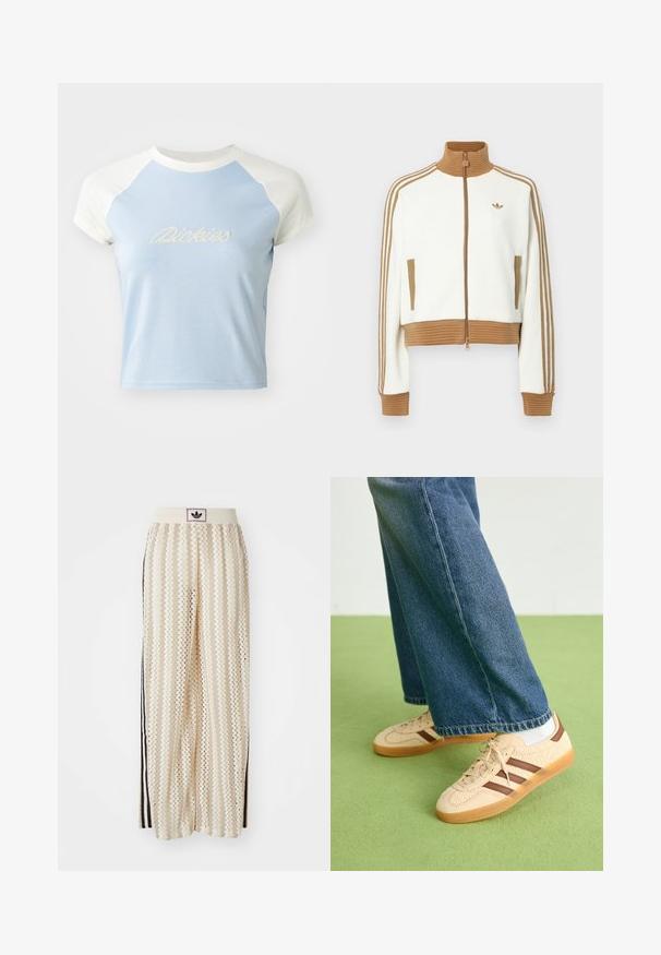 Jaqueta branca corta com um colarinho e punhos castanhos canelados. Apresenta dois bolsos laterais e três riscas castanhas nas mangas. Logótipo bordado.; T-shirt cropped azul-claro com mangas raglan brancas curtas. Apresenta o texto bordado "Dickies" em um estilo decorativo na parte frontal.; Calças largas de cor creme com um padrão em zigzag, apresentando uma cintura com logotipo preto e riscas laterais pretas. Tecido leve e texturizado.; Tenis bege com painéis texturizados em creme e riscas castanhas, combinados com jeans de ganga azul. Os jeans têm um corte largo e uma bainha desfiada.