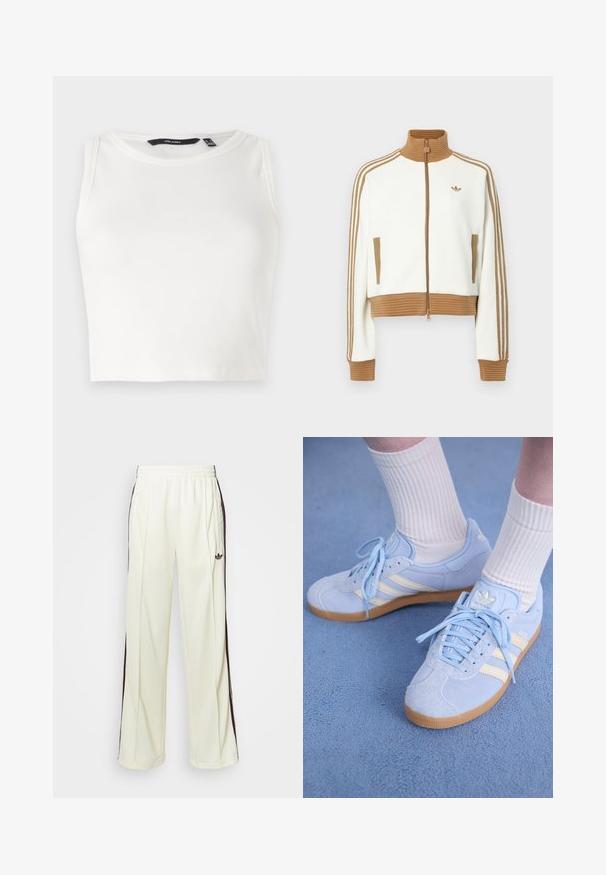 Balta īsā jaka ar ribotu brūnu apkakli un aprocēm. Iezīmēti divi sānu kabatas un trīs brūnas svītras gar piedurknēm. Izšūts logo.; Balts ribotu bezpaklāju tops ar apaļu kakla izgriezumu. Audums izskatās mīksts un elastīgs, bez redzamām rotājumiem vai rakstiem.; Krēma krāsas sporta bikses ar brīvu piegriezumu, ar tumši brūnām sānu svītrām un izšūtu logotipu kreisajā augšstilbā.; Gaiši zila zamšādas sporta apavi ar baltām svītrām, plakaniem šņorēm un gumijas zoli. Virs potītes ir uzvilktas ribotas baltas zeķes.