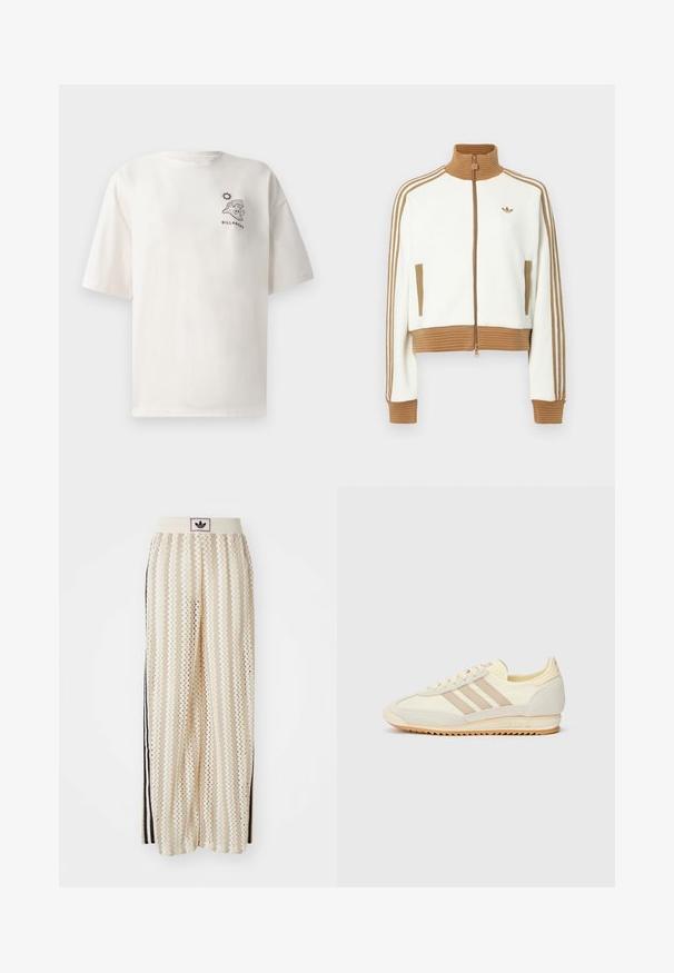 Weißes gekürztes Jacket mit einem gerippten braunen Kragen und Bündchen. Verfügt über zwei Seitentaschen und drei braune Streifen entlang der Ärmel. Besticktes Logo.; Cremefarbiges Baumwoll-T-Shirt mit kurzen Ärmeln, das ein Grafikdesign mit einer Welle und der Sonne sowie dem Text "BILLABONG" auf der Vorderseite zeigt.; Cremfarbene, weit geschnittene Hosen mit einem Zickzackmuster, ausgestattet mit einem schwarzen Logo-Bund und seitlichen schwarzen Streifen. Leichter, strukturierter Stoff.; Cremefarbene sportliche Sneakers mit drei beigen Streifen, aus Wildleder und Textilmaterialien, einer strukturierten Sohle und geprägtem Branding an der Ferse.