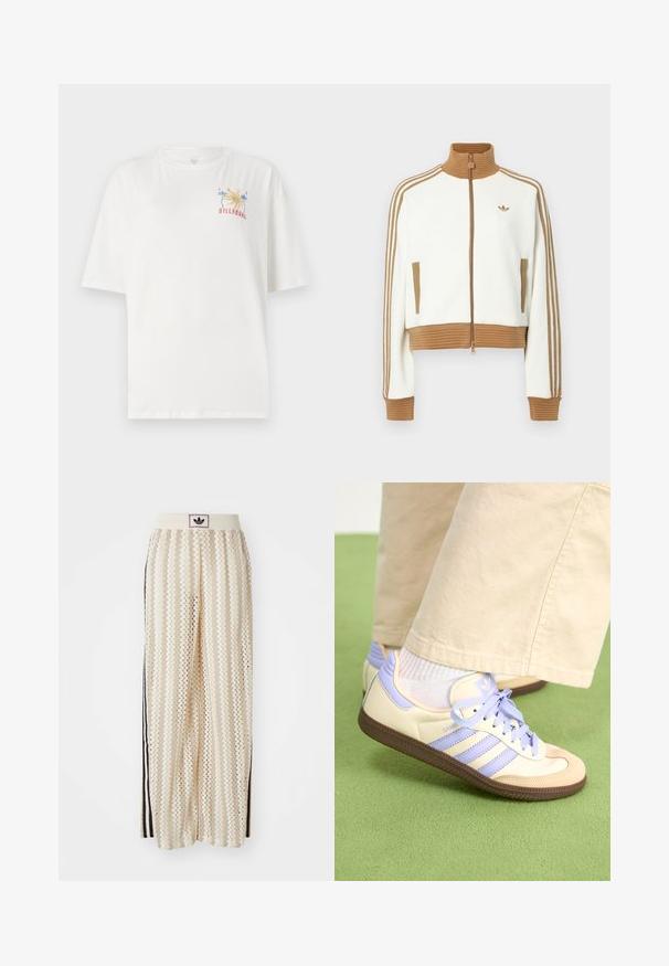 Jachetă albă scurtă cu un guler și manșete dintr-un material ribbed de culoare maro. Are două buzunare laterale și trei dungi maronii pe mâneci. Logo brodat.; Tricou din bumbac alb, cu o croială relaxată, cu un logo colorat Billabong ce include palmieri și anul "1973" brodat pe partea stângă a pieptului.; Pantaloni largi de culoare crem, cu un model în zigzag, având un brâu cu logo negru și dungi laterale negre. Material ușor, texturat.; Adidași crem și lavandă cu trei dungi și o talpă texturată maro, având șireturi și un călcâi căptușit. Superior din material moale.
