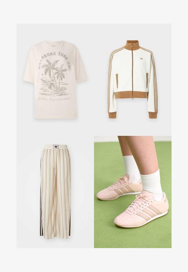 Bijela skraćena jakna s rebrastim smeškim ovratnikom i manžetama. Ima dva bočna džepa i tri smeđe pruge duž rukava. Izvezeni logo.; Krem košulja od pamuka s kratkim rukavima, na prednjoj strani ima grafiku palmi i figure, a tekst glasi "Još jedan dan u raju."; Pantalone širokog kroja krem boje s zigzag uzorkom, koji sadrži sivi pojas s crnim logotipom i bočne crne pruge. Lagani, teksturirani materijal.; Svijetloružičaste atletske tenisice s dijagonalnim šavovima, bijelim potplatima i tri bočne pruge. Nanosene s rebrastim bijelim čarapama na zelenoj površini.