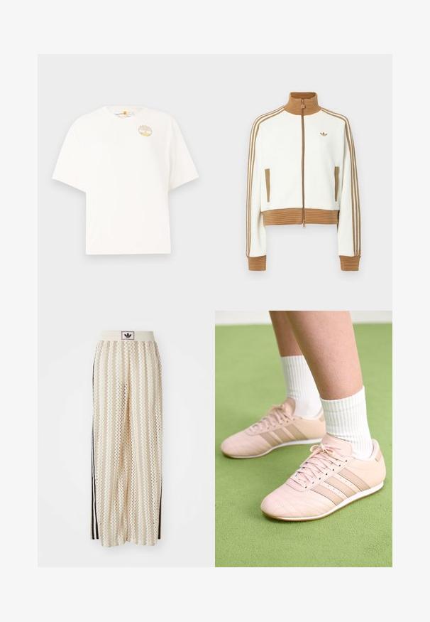 Hvit cropped jakke med en rillet brun krage og mansjetter. Har to sidelommer og tre brune striper langs ermene. Brodert logo.; Hvit bomull t-skjorte med korte ermer, med en liten, rund sydd logo på brystet med et landskapsdesign i pastellfarger.; Kremfargede bukser med brede ben og zigzag-mønster, med en svart logo-linning og svarte striper på siden. Lett, teksturert stoff.; Lys rosa treningssko med skrå sømmer, hvite såler og tre laterale striper. Brukt med rillede hvite sokker på grønn overflate.