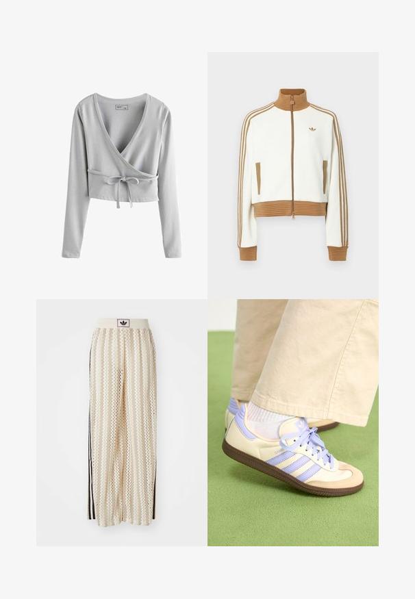 White cropped jacket with a ribbed brown collar and cuffs. Features two side pockets and three brown stripes along the sleeves. Embroidered logo.; Gray cropped long-sleeve top with a deep V-neck, wrap design, and a tie detail at the waist. Soft material with a smooth texture.; Cream-colored wide-leg pants with a zigzag pattern, featuring a black logo waistband and side black stripes. Lightweight, textured fabric.; Cream and lavender sneakers with three stripes and a textured brown sole, featuring laces and a padded heel. Soft fabric upper.