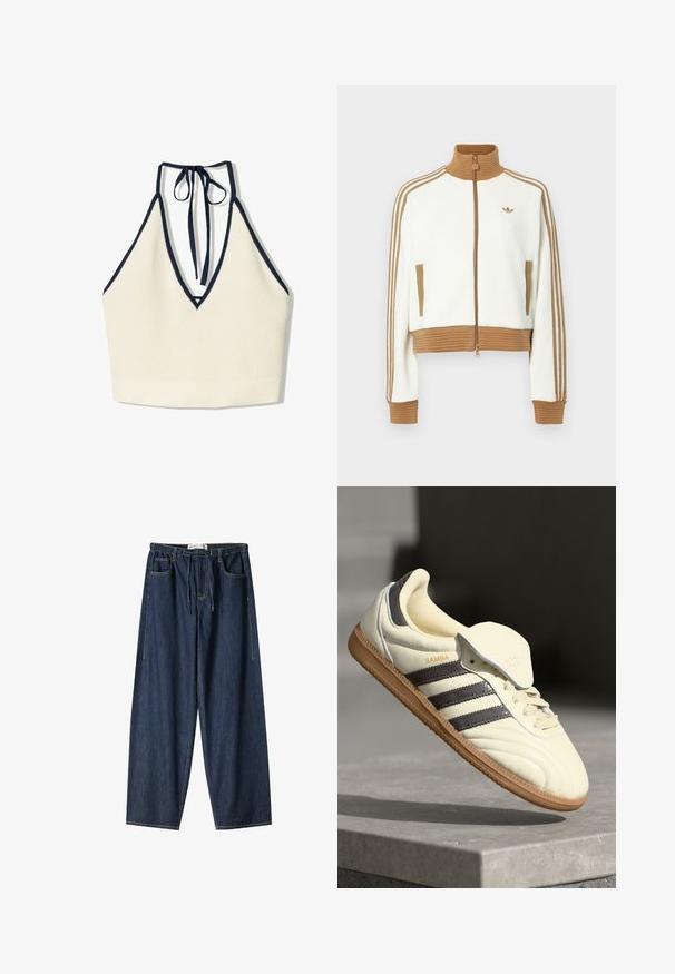 Bílá zkrácená bunda s hnědou žebrovanou límcem a manžetami. Má dvě boční kapsy a tři hnědé pruhy podél rukávů. Vyšívané logo.; Krémový halter top s hlubokým V výstřihem a námořnickým modrým lemem, vyrobený z texturovaného pleteného materiálu a s nastavitelným uvázáním na krku.; Tmavě modré džíny s širokým střihem. Mají elastický pas, šňůrku na stahování a přední kapsy. Hladký povrch s viditelným švem.; Krémové kožené tenisky se třemi tmavými pruhy, hnědou gumovou podrážkou a zaoblenou špičkou. Mají skládací jazyk s nápisem "SAMBA."
