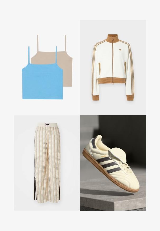 Jachetă albă scurtă cu un guler și manșete dintr-un material ribbed de culoare maro. Are două buzunare laterale și trei dungi maronii pe mâneci. Logo brodat.; Even&Odd 2 PACK - Top - azure blue/simply taupe; Pantaloni largi de culoare crem, cu un model în zigzag, având un brâu cu logo negru și dungi laterale negre. Material ușor, texturat.; Sneakers din piele crem cu trei dungi întunecate, o talpă din cauciuc de culoare maronie și un vârf rotunjit. Dispune de o limbă pliabilă etichetată "SAMBA."