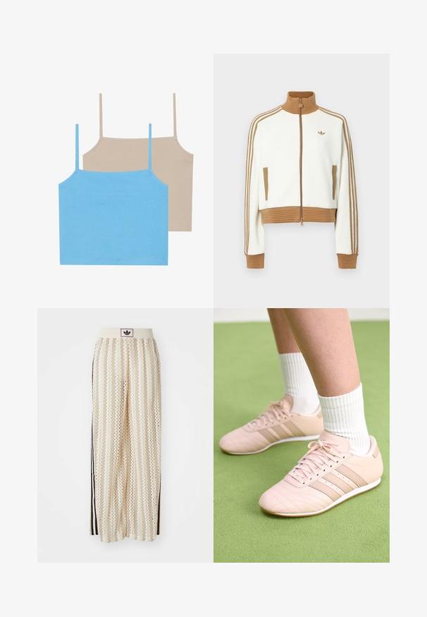 White cropped jacket with a ribbed brown collar and cuffs. Features two side pockets and three brown stripes along the sleeves. Embroidered logo.; Even&Odd 2 PACK - Top - azure blue/simply taupe; Cream-colored wide-leg pants with a zigzag pattern, featuring a black logo waistband and side black stripes. Lightweight, textured fabric.; Light pink athletic shoes with diagonal stitching, white soles, and three lateral stripes. Worn with ribbed white socks on green surface.