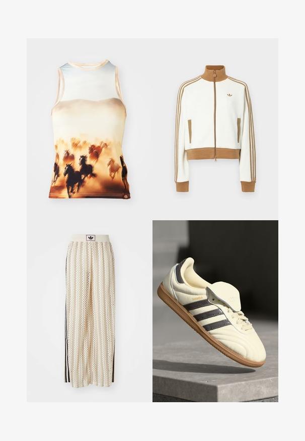 Valge lühendatud jakk, millel on soonikkoes pruun krae ja mansetid. Omab kahte küljetaskut ja kolme pruuni triipu varrukatel. Siidistatud logo.; Ilma varrukateta tank top, millel on prinditud jooksvaid hobuseid pruunides ja kreemjas toonides, valmistatud siledast kangast, millel on ümar kaelus ja kitsas lõige.; Kreemivärvilised lai säärega püksid, millel on siksakmustrit, must logoga vööp ja külgmised mustad triibud. Kerge, tekstureeritud kangas.; Kreem värvi nahast tennisetossid, millel on kolm tumedat triipu, pruun kummi tald ja ümardatud varvas. Omab volditavat keelt, millel on sildil "SAMBA."