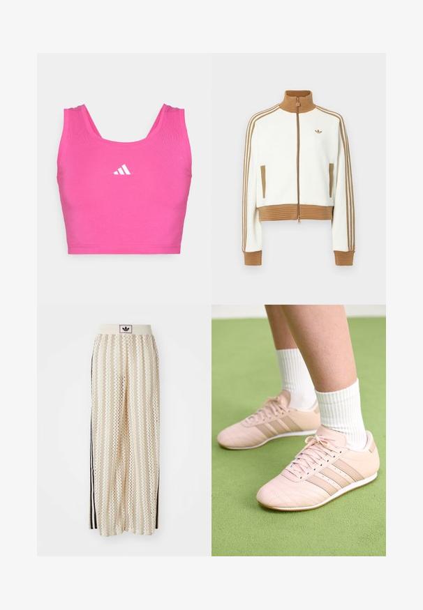 Balta trumpa striukė su raguoto rudo koloriumi ir rankogaliais. Yra dvi šoninės kišenės ir trys rudos juostelės palei rankoves. Išsiuvinėtas logotipas.; Rožinis sportinis trumpas viršus, pagamintas iš elastingos medžiagos. Turi apvalų iškirptę ir plačias petnešas. Priekyje yra balta Adidas logotipas.; Grietos spalvos plačios kelnės su zigzagų raštu, turinčios juodą logotipo juostą ir šonines juodas juosteles. Lengvas, tekstūruotas audinys.; Šviesiai rožiniai sportiniai batai su įstrižai siūtomis detalėmis, baltais pado ir trimis šoninėmis juostomis. Dėvimi su banguotomis baltomis kojinėmis ant žalios paviršiaus.