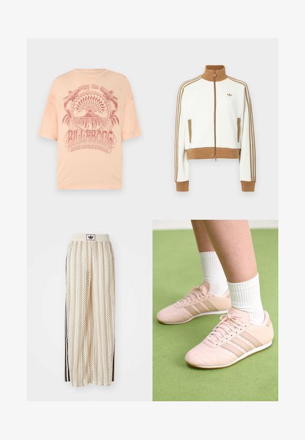 Jaqueta branca corta com um colarinho e punhos castanhos canelados. Apresenta dois bolsos laterais e três riscas castanhas nas mangas. Logótipo bordado.; T-shirt de mangas curtas em pêssego claro, com um design gráfico em vermelho de palmeiras e sol, apresentando o texto "BILLABONG", impresso em material de algodão macio.; Calças largas de cor creme com um padrão em zigzag, apresentando uma cintura com logotipo preto e riscas laterais pretas. Tecido leve e texturizado.; Ténis atléticos rosa claro com costura diagonal, solas brancas e três riscas laterais. Usados com meias brancas com nervuras sobre uma superfície verde.