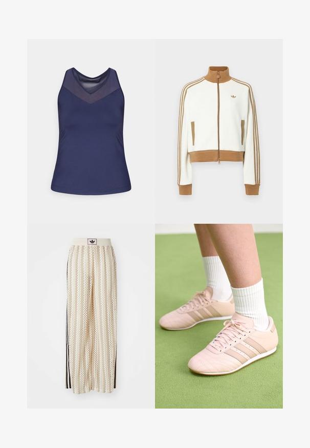 Jaqueta branca corta com um colarinho e punhos castanhos canelados. Apresenta dois bolsos laterais e três riscas castanhas nas mangas. Logótipo bordado.; Camiseta sem mangas azul-marinho com decote em V e design de painel em malha. Tecido suave com um formato ajustado e bainha costurada.; Calças largas de cor creme com um padrão em zigzag, apresentando uma cintura com logotipo preto e riscas laterais pretas. Tecido leve e texturizado.; Ténis atléticos rosa claro com costura diagonal, solas brancas e três riscas laterais. Usados com meias brancas com nervuras sobre uma superfície verde.