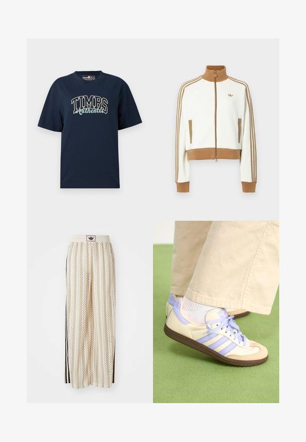 Chaqueta blanca cropped con un cuello y puños de color marrón con canalé. Cuenta con dos bolsillos laterales y tres rayas marrones a lo largo de las mangas. Logo bordado.; Camiseta de algodón azul marino con un corte relajado. Presenta un diseño gráfico con "TIMBS Authentic" en colores contrastantes. Mangas cortas, cuello redondo.; Pantalones de pierna ancha en color crema con un patrón en zigzag, que cuentan con una cinturilla con logo negro y franjas negras en los laterales. Tejido ligero y texturizado.; Zapatillas de crema y lavanda con tres rayas y una suela marrón texturizada, que cuentan con cordones y un talón acolchado. Parte superior de tela suave.
