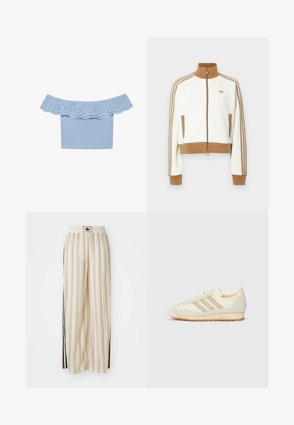 Witte cropped jas met een geribbeld bruin kraag en boorden. Voorzien van twee zijzakken en drie bruine strepen langs de mouwen. Geborduurd logo.; Lichtblauwe off-the-shoulder top met een rimpelnek en oogjes uitsparingen. Soepele stof met een aansluitend ontwerp.; Crème kleurige wijde broek met een zigzagpatroon, met een zwarte logo tailleband en zij zwarte strepen. Lichtgewicht, gestructureerde stof.; Crème sport sneaker met drie beige strepen, suède en textielmaterialen, een gestructureerde zool en geperst logo op de hiel.