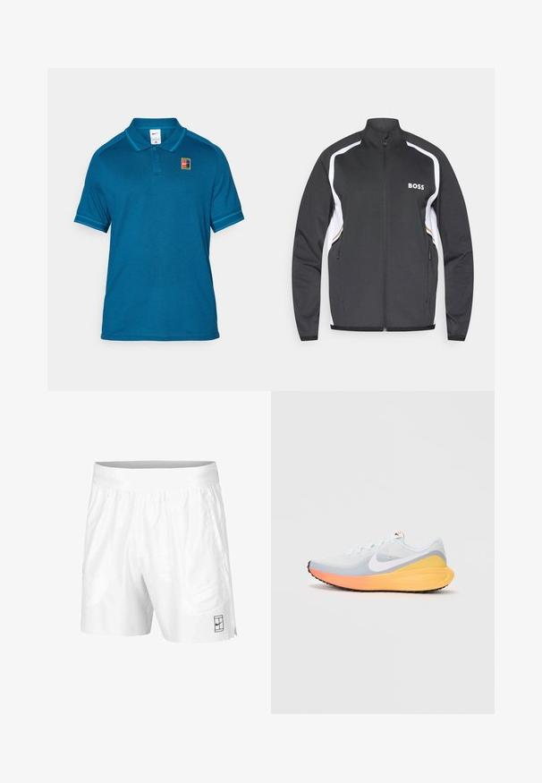 Svart idrettsjakke med hvite detaljer, høy krage og glidelås foran. Har logoen "BOSS" på venstre bryst og sidelommer.; Teal polo-skjorte med tre-knappslukking, korte ermer, ribbet krage og et lite Nike-logo i flerfarget firkantedesign.; Hvite sportsshorts laget av lettvektstoff med elastisk midjebånd, med to sidelommer og en liten svart logo på kanten.; Lyseblå løpesko med pustende mesh-overdel. Har en hvit swoosh, oransje og gul mellomsåle, og sort yttersåle for godt grep.