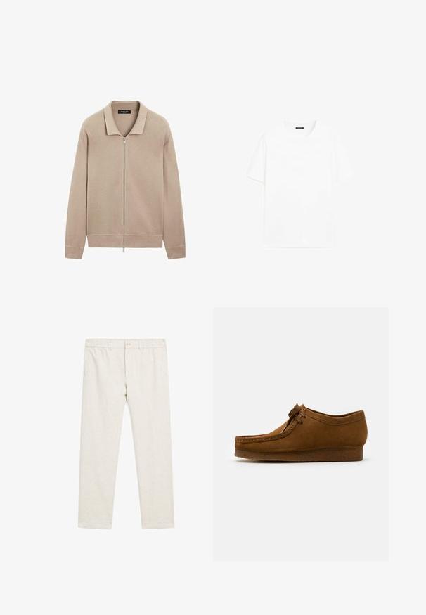 Beige långärmad stickad jacka med full dragkedja fram och krage, ribbade ärmslut och midja, tillverkad av Massimo Dutti.; Vit bomull t-shirt med kort ärm, rund halsringning och rak skärning. Slät textur utan synliga mönster eller detaljer.; Beiga linbyxor med rak passform, elastisk midja, knappstängning och sidofickor, med en subtil texturerad yta.; Bruna mockaskor med rund tå och låg klack, detaljerad sömnad längs sömmarna och snörning framtill. Mjuk textur med strömlinjeformat design.
