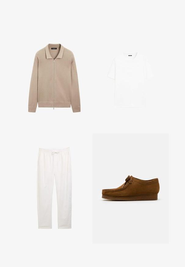 Veste en tricot beige à manches longues avec fermeture éclair sur toute la longueur et col, poignets côtelés et ceinture, fabriquée par Massimo Dutti.; T-shirt en coton blanc à manches courtes, col rond et coupe droite. Texture lisse sans motifs ni accents visibles.; Pantalons de détente blancs amples avec une taille élastique et un cordon de serrage, dotés de poches latérales et d'une texture lisse et douce.; Chaussure en daim marron avec un bout rond et un petit talon, dotée de coutures détaillées le long des coutures et d'un système de laçage à l'avant. Texture douce avec une conception épurée.