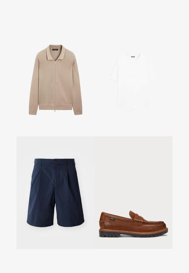 Beige lange mouwen gebreide jas met volledige ritssluiting aan de voorkant en kraag, geribde manchetten en tailleband, gemaakt door Massimo Dutti.; Witte katoenen t-shirt met korte mouwen, ronde halslijn en recht gesneden. Gladde textuur zonder zichtbare patronen of accenten.; Donkerblauwe shorts van lichtgewicht stof, met een knoopsluiting, zijzakken en een eenvoudig ontwerp met plooien aan de voorkant.; Bruine leren loafer met decoratieve stiksels en een gestructureerde neus. De zool heeft een robuust ontwerp, wat zorgt voor grip en duurzaamheid.