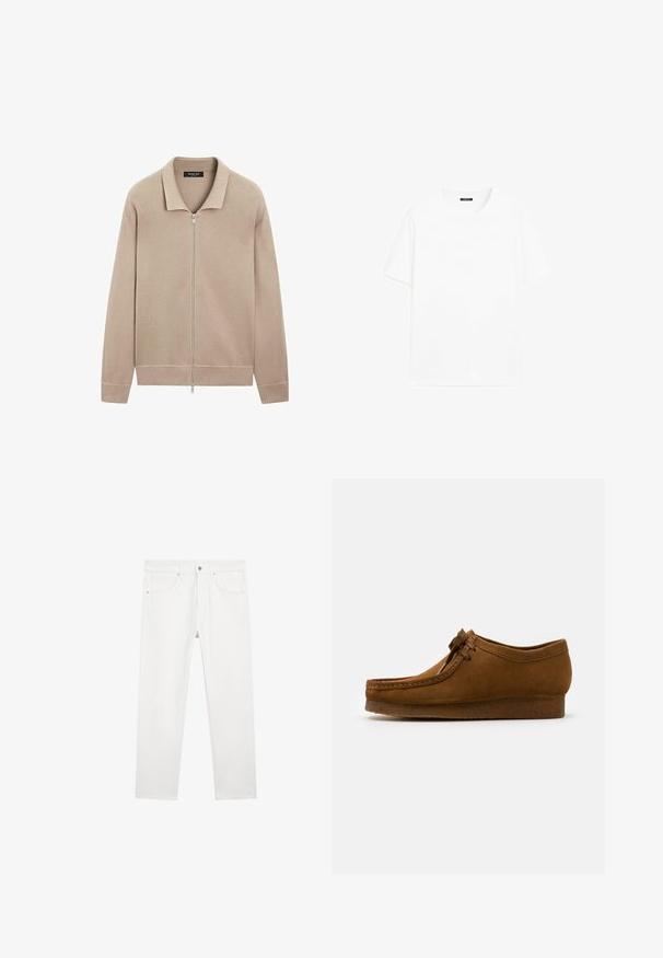 Giacca a maglia beige a maniche lunghe con zip centrale completa e colletto, polsini e vita a costine, realizzata da Massimo Dutti.; T-shirt bianco in cotone con maniche corte, scollatura tonda e linea dritta. Texture liscia senza motivi o dettagli visibili.; Pantaloni in denim bianco con un design a gamba dritta, dotati di tasche anteriori, passanti per cintura e chiusura con bottone. Tessuto liscio, finitura pulita.; Scarpa in suede marrone con punta rotonda e tacco basso, cuciture dettagliate lungo le cuciture e chiusura con lacci. Texture morbida con design snodato.