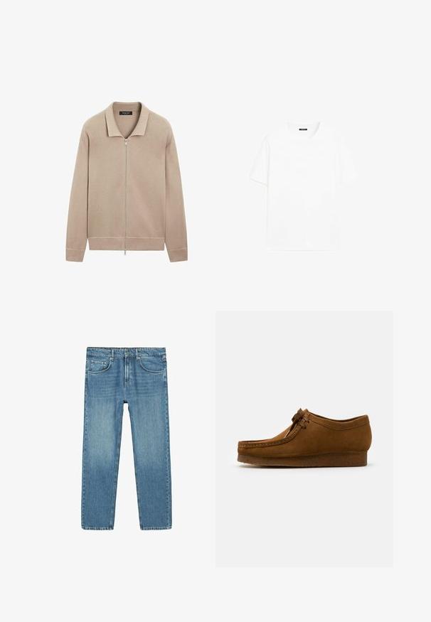 Beige långärmad stickad jacka med full dragkedja fram och krage, ribbade ärmslut och midja, tillverkad av Massimo Dutti.; Vit bomull t-shirt med kort ärm, rund halsringning och rak skärning. Slät textur utan synliga mönster eller detaljer.; Ljust blå denimjeans med rak passform, femfickorsdesign och subtila slitningar. Har en knapp- och dragkedjestängning i midjan.; Bruna mockaskor med rund tå och låg klack, detaljerad sömnad längs sömmarna och snörning framtill. Mjuk textur med strömlinjeformat design.