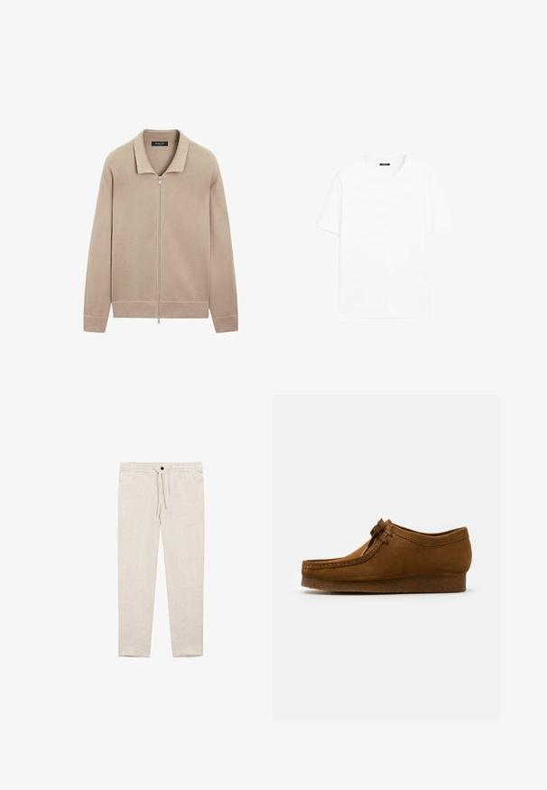 Veste en tricot beige à manches longues avec fermeture éclair sur toute la longueur et col, poignets côtelés et ceinture, fabriquée par Massimo Dutti.; T-shirt en coton blanc à manches courtes, col rond et coupe droite. Texture lisse sans motifs ni accents visibles.; Massimo Dutti TOTAL LOOK - Chino - beige; Chaussure en daim marron avec un bout rond et un petit talon, dotée de coutures détaillées le long des coutures et d'un système de laçage à l'avant. Texture douce avec une conception épurée.