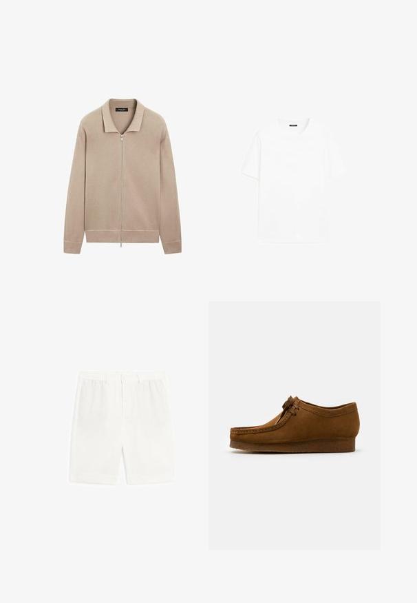 Giacca a maglia beige a maniche lunghe con zip centrale completa e colletto, polsini e vita a costine, realizzata da Massimo Dutti.; T-shirt bianco in cotone con maniche corte, scollatura tonda e linea dritta. Texture liscia senza motivi o dettagli visibili.; Shorts bianchi su misura con frontale piatto, cinturino con elastico e senza tasche. Realizzati in tessuto leggero, presentano una consistenza liscia.; Scarpa in suede marrone con punta rotonda e tacco basso, cuciture dettagliate lungo le cuciture e chiusura con lacci. Texture morbida con design snodato.