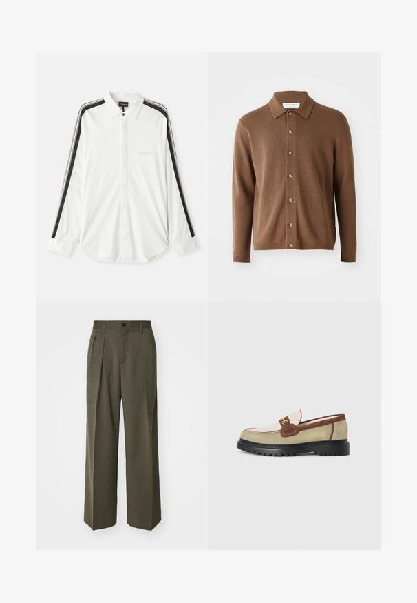 Brun strikket cardigan med krageutskjæring, med knappåpning foran og lange ermer, laget av mykt materiale med en subtil tekstur.; Hvit skjorte med svarte og beige striper på ermene, spiss krage og brodert merkevarelogo på brystet.; Filippa K WIDE TROUSERS - Bukse - driftwood; Loafer med beige, lys rosa og brune semskede paneler, gullfarget metallbuckle detalj, og tykk svart gummisåle med mønster.