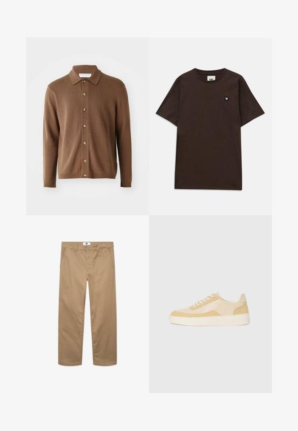 Brauner Strickcardigan mit kragenförmigem Ausschnitt, mit Knopfleiste und langen Ärmeln, aus weichem Material mit feiner Textur.; Dunkelbraunes T-Shirt mit kurzen Ärmeln, Rundhalsausschnitt und einem kleinen schwarz-weißen Logo-Patch auf der oberen linken Brustseite.; Khakifarbene Baumwollhose mit einem geraden Schnitt, ausgestattet mit einem einzigen Knopfverschluss, Gürtelschlaufen und zwei Seitentaschen. Glatte Textur.; Sneaker aus hellgelbem Wildleder und Leder, mit gepolsteter Sohle und gestalteten Akzenten. Klassisches Schnürdesign mit runder Zehenform.