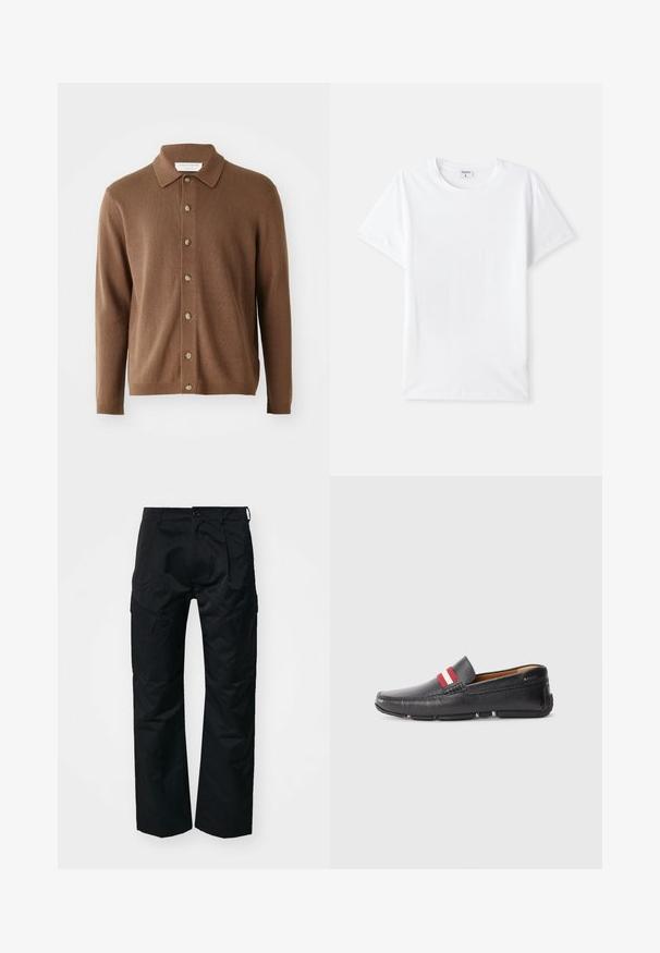 Ruda megzta kardiganas su apykakle, su mygtukų priekiu ir ilgomis rankovėmis, pagamintas iš minkštos medžiagos su subtiliu tekstūravimu.; Balta medvilninė marškinėlių, apvalia iškirpte, trumpomis rankovėmis, lygia tekstūra, be raštų ar akcentų, paprastas dizainas, standartinio kirpimo.; Juodi cargo kelnės su lygiu paviršiumi, turinčios šonines kišenes, mygtuko užsegimą ir laisvą prigludimą.; Juodos odinės slip-on tipo bateliai su tekstūruota paviršių, raudonu ir baltu dryžuotu akcentu ant viršaus, apvaliu nosiu ir guminėmis padangomis.