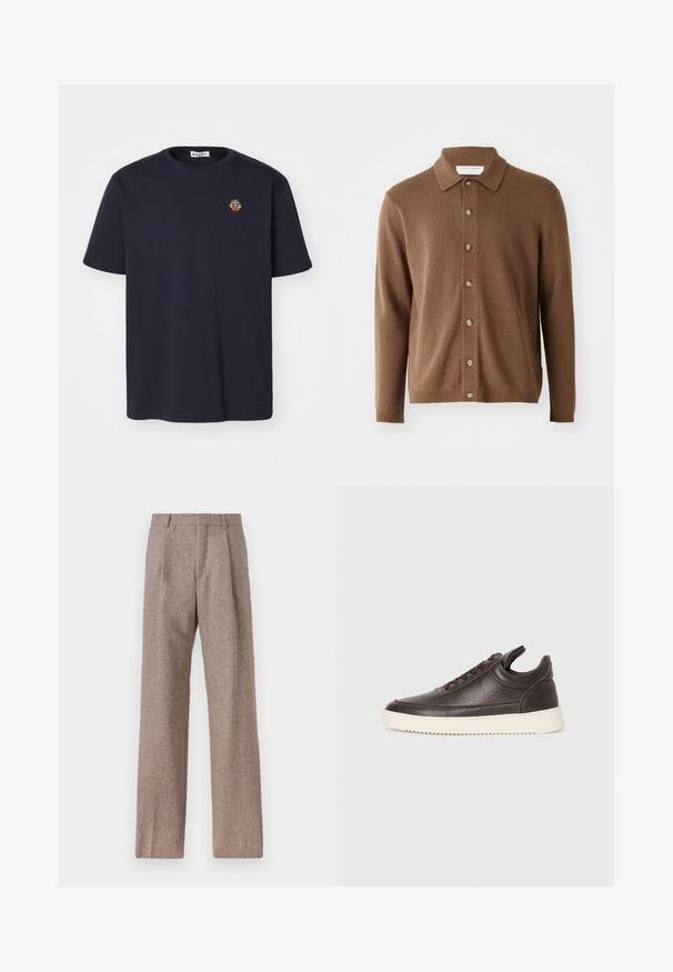 Cardigan lavorato a maglia marrone con collo a bavero, caratterizzato da bottoni frontali e maniche lunghe, realizzato in un materiale morbido con una leggera texture.; Bally T-shirt basic - navy; Pantaloni marroni a vita alta realizzati in tessuto testurizzato. Presentano gambe ampie e due pieghe frontali per struttura. Rifinitura curata senza hardware visibile.; Sneaker in pelle texturizzata marrone scuro con lacci davanti e suola in gomma bianca rigata su uno sfondo chiaro semplice.