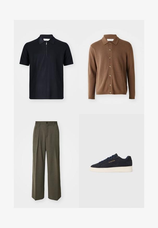 Ruskea neulecardigan, jossa on kauluskavennus, napit edessä ja pitkät hihat, valmistettu pehmeästä materiaalista, jossa on hienovaraista tekstuuria.; Tummansininen lyhythihainen polo-paita, joka on valmistettu pehmeästä kankaasta ja jossa on vetoketjullinen kaulus sekä siistit linjat. Ei näkyviä logoja tai kuvioita.; Filippa K WIDE TROUSERS - Housut - driftwood; Navy sinivuori matalavartiset tennarit valkoisella pohjalla, laivastonsiniset nauhat ja "Filling Pieces" -logo kullassa sivussa.