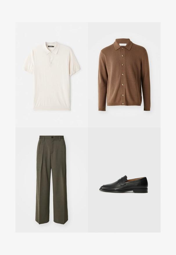 Ruskea neulecardigan, jossa on kauluskavennus, napit edessä ja pitkät hihat, valmistettu pehmeästä materiaalista, jossa on hienovaraista tekstuuria.; Vaaleanbeige polo-paita, jossa on klassinen kaulus, kolmen napin listakerros ja lyhyet hihat. Valmistettu pehmeästä, sileästä kankaasta. Yksinkertainen muotoilu ilman kuvioita.; Filippa K WIDE TROUSERS - Housut - driftwood; Musta nahkainen loafer, jossa on pyöreä kärki, hienovarainen ommelkoristelu ja matala korko, joka on varustettu sileällä pinnalla ja minimalistisella designilla.