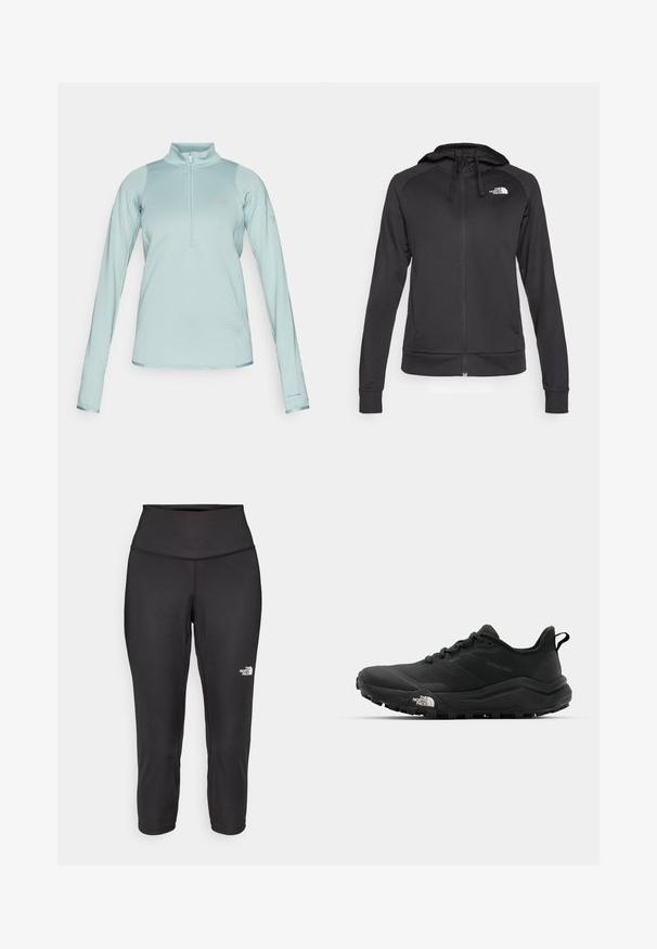 The North Face REAXION HOODED FULL ZIP JACKET - Sweatjakke - black heather; Lys blå langermet genser med halvglidelås foran, teksturert stoff, glatte detaljer og "Columbia"-logo på brystet og ermet.; Sorte capri leggings laget av elastisk stoff, med høy midje og en liten hvit logo på venstre side. Glatt tekstur.; The North Face OFFTRAIL VERSA - Fjellsko - tnf black/tnf white