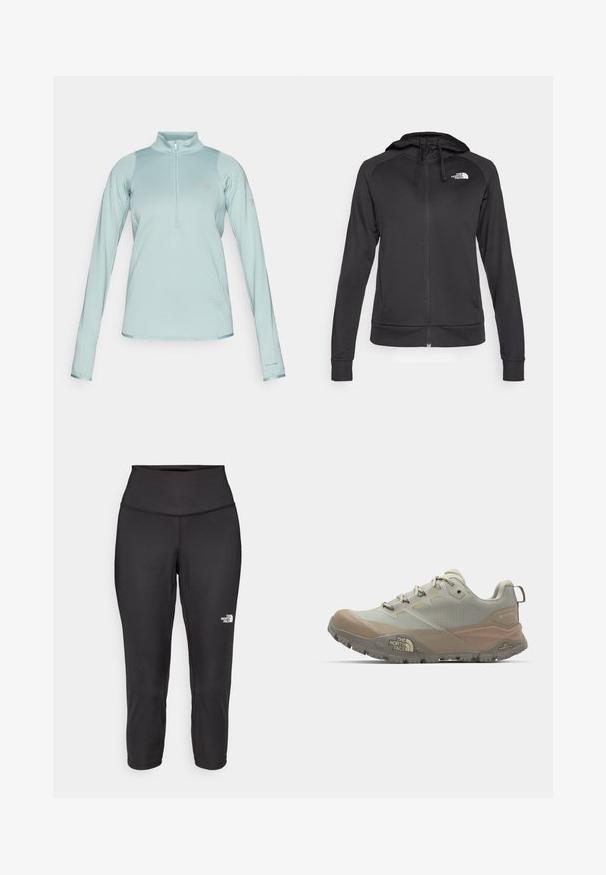 The North Face REAXION HOODED FULL ZIP JACKET - Športna jopa s kapuco na zadrgo - black heather; Svetlo modra dolga majica s puloverjem in pol-zadrgo spredaj, teksturirana tkanina, gladki poudarki ter logotip "Columbia" na prsih in rokavu.; Črne capri legice iz raztegljive tkanine, z visokim pasom in majhnim belim logotipom na levi strani. Gladka tekstura.; Svetlo sivi atletski čevlji z bež detajli, izdelani iz sintetičnega materiala. Imajo trpežen podplat, vezalni dizajn in blagovno znamko na strani.