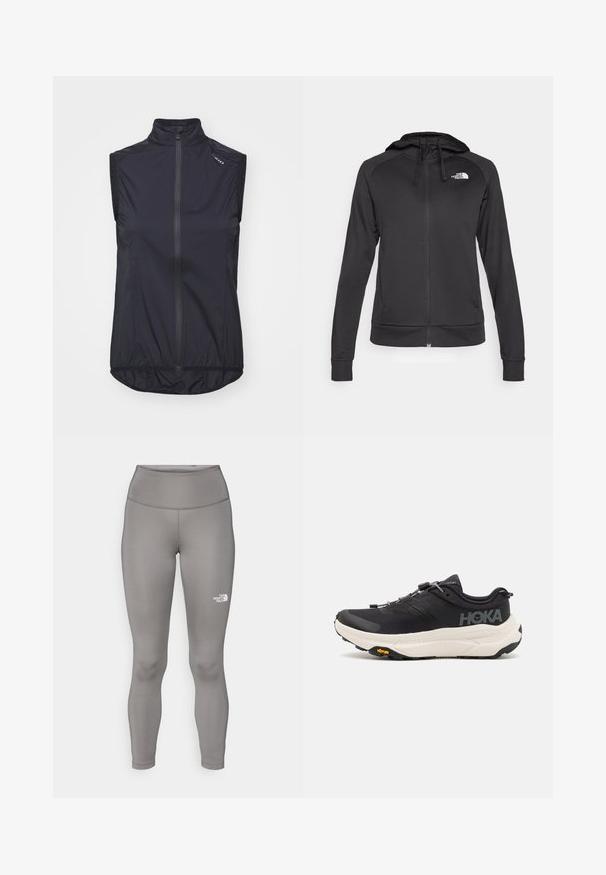 The North Face REAXION HOODED FULL ZIP JACKET - Mikina na zip - black heather; Černá cyklistická vesta bez rukávů s vysokým límcem, předním zipem, ergonomickým střihem a elastickým lemem. Vyrobena z lehkého, prodyšného materiálu.; Šedé legíny vyrobené z elastického materiálu, s vysokým pasem a bílým logem Northern Face na levé nohavici.; Černé sportovní boty s prodyšným síťovaným svrškem, gumovou podrážkou, bílou polstrovanou mezipodrážkou a reflexními tkaničkami. Logo Vibram na podrážce.