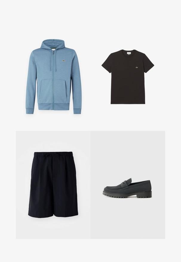 Light blue zip-up hoodie made of soft fabric. Features a drawstring hood, front pockets, and branded logo on the chest.; Black cotton t-shirt with short sleeves and a crew neck. Features a small green Lacoste crocodile logo on the chest. Smooth texture.; Navy blue shorts made of lightweight fabric, featuring an elastic waistband with a drawstring and two side pockets, straight cut.; Black loafer shoe with a smooth, matte finish, featuring a rounded toe and a thick, textured sole. Accented with a front strap.