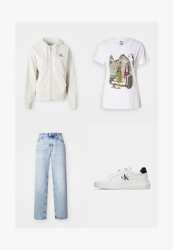 Lys grå zip-up hettegenser med snorhette, frontlommer og en liten brodert logo på brystet. Glatt tekstur. Materiale av bomullsblanding.; Hvit bomulls T-skjorte med trykt illustrasjon av to kvinner i urbane motestiler med en hund på et fotgjengerfelt og bybygninger.; Lyseblå høy-midje jeans med løs passform, med rette ben, fem lommer og en klassisk knapp-og-glidelås lukking.; Hvite lavsko med svart hæltab, plattformsåle, snøringer og Calvin Klein "CK" logo på siden.