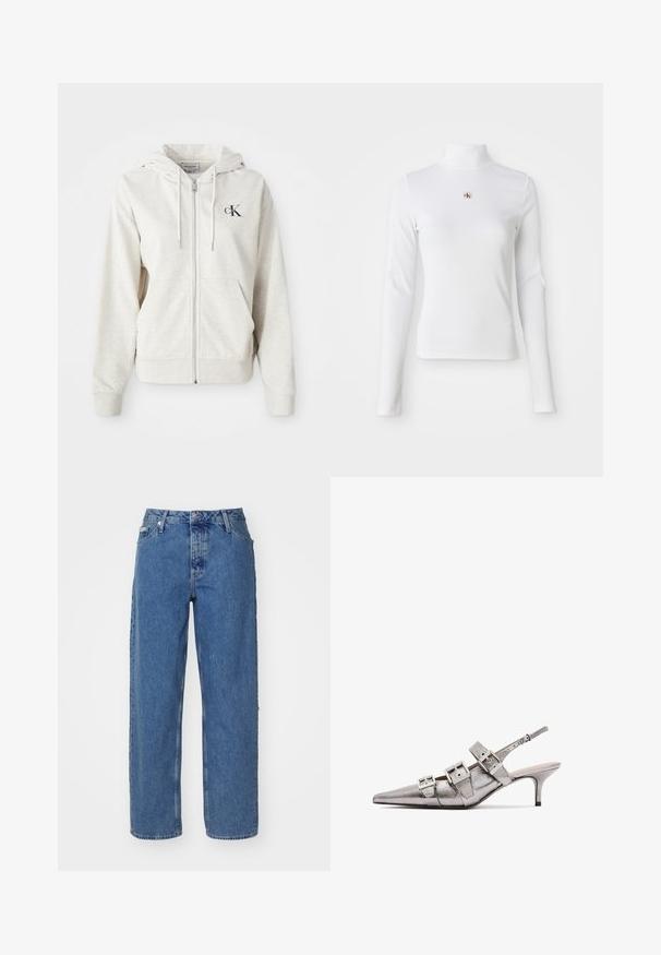 Šviesiai pilkas užtrauktuku užsisegantis džemperis su raištelių kepure, priekinėmis kišenėmis ir mažai siuvinėta logo krūtinėje. Lygus paviršius. Medvilnės mišinio medžiaga.; Ilgas rankovės baltas golfas, pagamintas iš raukšlėtos medžiagos. Pasižymi mažuoju siuvinėtu logotipu centre. Prigludusio dizaino, be raštų.; Šviesiai mėlyni džinsai su aukštu liemeniu, tiesaus silueto dizainu, penkiais kišenėmis ir šiek tiek išblukusiu tekstūru. Prisegamas ir mygtuko užsegimas.; Metalinis sidabro spalvos slingback kulnas su smailiu pirštu, turintis tris plačias juosteles ir kvadratinius metalinius užsegimus. Blizgi tekstūra ir plonas kulnas.