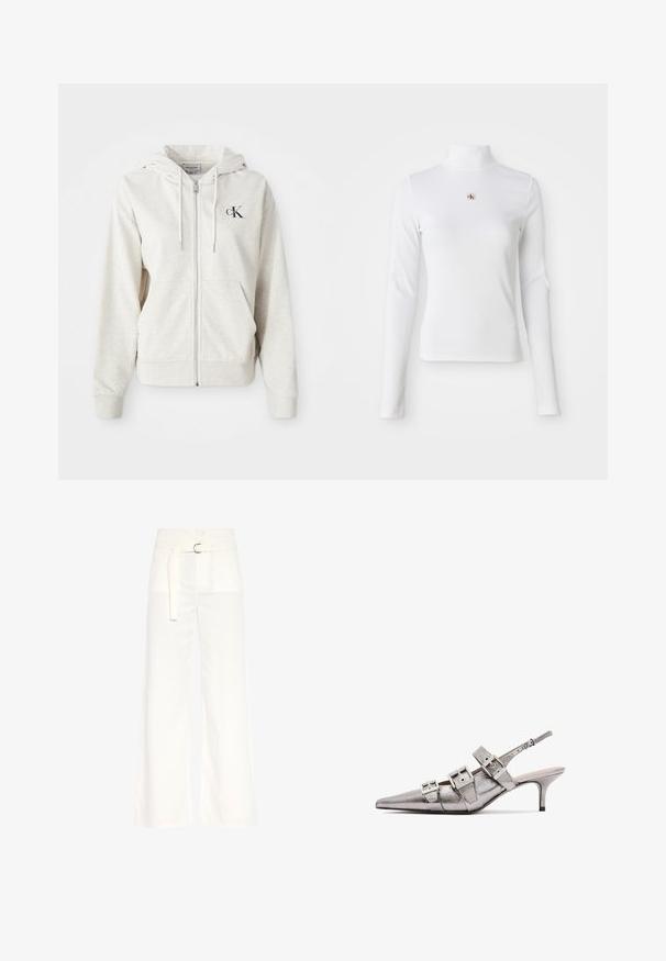 Hellgrau zip-up Hoodie mit einer Kordelzugkapuze, Fronttaschen und einem kleinen gestickten Logo auf der Brust. Glatte Textur. Material aus Baumwollmischung.; Langärmliges, weißes Rollkragenoberteil aus Rippmaterial. Verfügt über ein kleines gesticktes Logo in der Mitte. Enganliegendes Design ohne Muster.; Weiße, weite Baumwollhose. Sie hat eine hohe Taille, einen Gürtel mit einer silbernen Schnalle und zwei Fronttaschen mit einer glatten Textur.; Metallisch silberner Slingback-Absatzschuh mit spitzem Zehenbereich, ausgestattet mit drei breiten Riemen und quadratischen metallischen Schnallen. Glänzende Textur und schlanker Absatz.