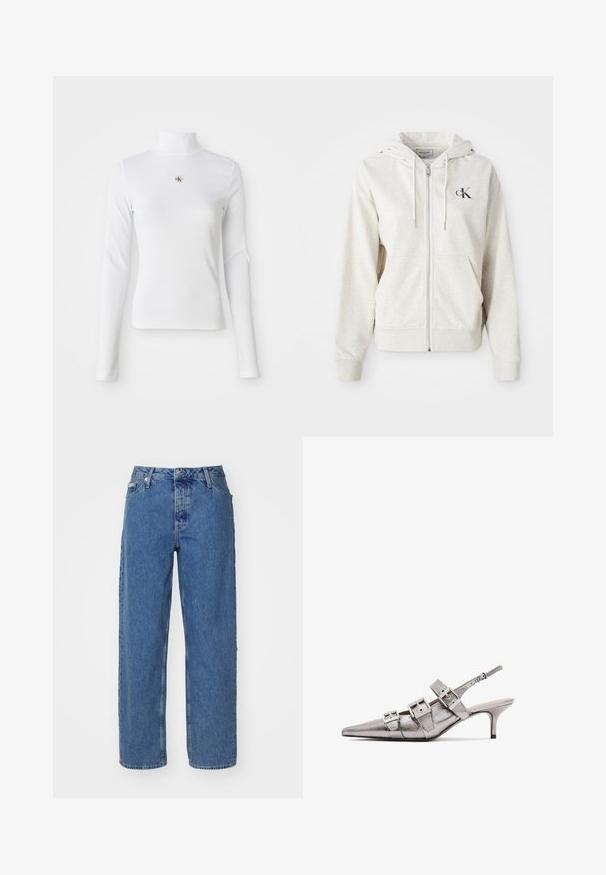 Light gray zip-up hoodie with a drawstring hood, front pockets, and a small embroidered logo on the chest. Smooth texture. Cotton blend material.; Long-sleeve, white turtleneck top made of ribbed material. Features a small embroidered logo in the center. Fitted design with no patterns.; Light blue denim jeans with a high waist, straight leg design, five-pocket styling, and slightly faded texture. Rivet and button closure.; Metallic silver slingback heel with pointed toe, featuring three wide straps and square metallic buckles. Glossy texture and slim heel.