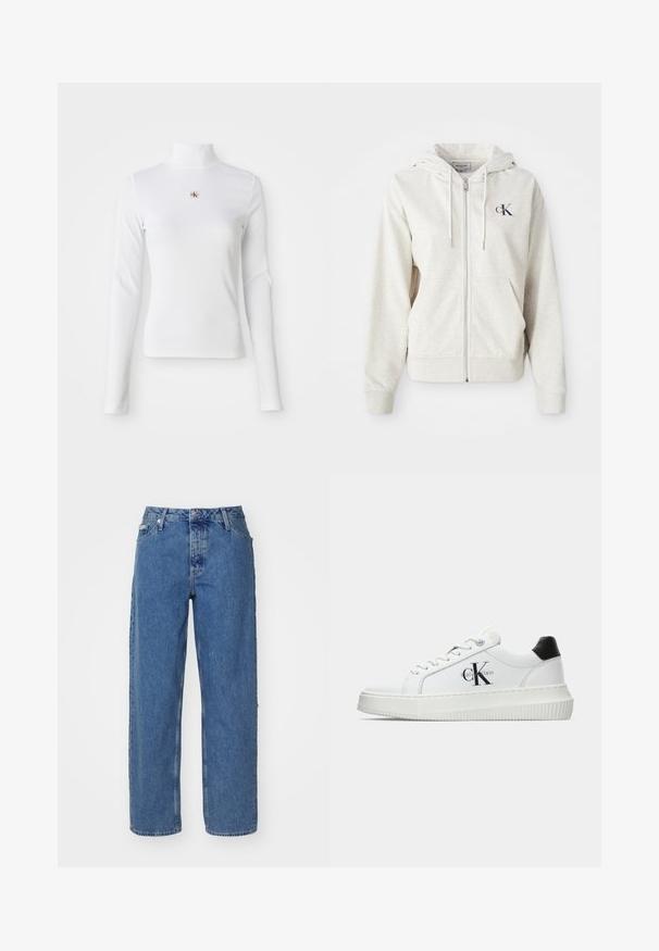 Light gray zip-up hoodie with a drawstring hood, front pockets, and a small embroidered logo on the chest. Smooth texture. Cotton blend material.; Long-sleeve, white turtleneck top made of ribbed material. Features a small embroidered logo in the center. Fitted design with no patterns.; Light blue denim jeans with a high waist, straight leg design, five-pocket styling, and slightly faded texture. Rivet and button closure.; White low-top sneaker with black heel tab, platform sole, laces, and Calvin Klein "CK" logo on the side.