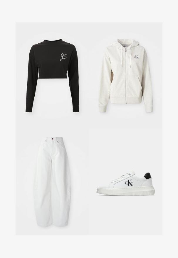 Lys grå zip-up hoodie med en snoretrækshætte, frontlommer og et lille broderet logo på brystet. Glat tekstur. Materiale af bomuldsblanding.; Sort langærmet cropped top lavet af blødt bomuld, med høj halsudskæring og et hvidt logo på venstre brystområde.; Højtaljede hvide denimbukser med løs pasform. Har en knaplukning, sidelommer og et minimalistisk design. Glat tekstur.; Hvide lavtoppede sneakers med sort hælkænke, platformssål, snørebånd og Calvin Klein "CK" logo på siden.