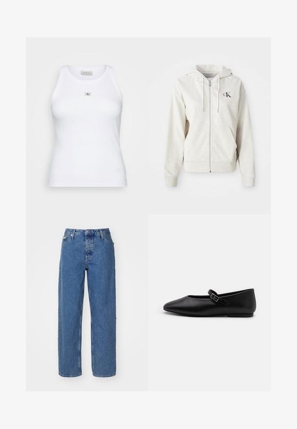 Šviesiai pilkas užtrauktuku užsisegantis džemperis su raištelių kepure, priekinėmis kišenėmis ir mažai siuvinėta logo krūtinėje. Lygus paviršius. Medvilnės mišinio medžiaga.; Balta medvilninė tank top'o tipo palaidinė su gumuluotu tekstūru, viduryje yra mažas sidabrinis logotipo akcentas. Apykaklė su lanku ir be rankovių dizainas.; Šviesiai mėlyni džinsai su aukštu liemeniu, tiesaus silueto dizainu, penkiais kišenėmis ir šiek tiek išblukusiu tekstūru. Prisegamas ir mygtuko užsegimas.; Juodas oda butas batelis su smailiuėjimu, reguliuojama juosta ir žemu kulnu. Lygus paviršius ir minimalistinis dizainas, tinkantis įvairioms aprangoms.
