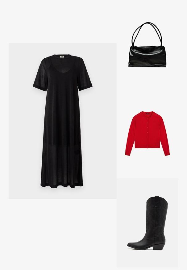 Roter Strickcardigan mit langen Ärmeln, runder Ausschnitt und Knopfverschluss. Mit geripptem Saum und Bündchen. Glatte Textur.; Schwarzes knielanges Kleid aus leichtem, transparentem Material. Mit Rundhalsausschnitt, kurzen Ärmeln und einer lockeren, lässigen Passform.; Schwarze Leder-Cowboystiefel mit spitzer Zehenform, niedrigem, gestapeltem Absatz und kunstvollem, geprägtem Blattmuster am Schaft. Schleife am oberen Ende für einfaches Anziehen.; Schwarze Lederhandtasche mit einer glatten Oberfläche, rechteckiger Form und zwei langen Griffen. Einfaches Design ohne sichtbare Beschläge oder Verzierungen.