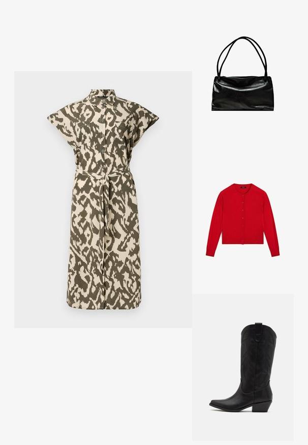 Roter Strickcardigan mit langen Ärmeln, runder Ausschnitt und Knopfverschluss. Mit geripptem Saum und Bündchen. Glatte Textur.; Knie-lang Kleid aus beige- und olivgrünem Tierdruck, mit kurzen Ärmeln, durchgehender Knopfleiste und einem selbstgebundenen Gürtel in der Taille.; Schwarze Leder-Cowboystiefel mit spitzer Zehenform, niedrigem, gestapeltem Absatz und kunstvollem, geprägtem Blattmuster am Schaft. Schleife am oberen Ende für einfaches Anziehen.; Schwarze Lederhandtasche mit einer glatten Oberfläche, rechteckiger Form und zwei langen Griffen. Einfaches Design ohne sichtbare Beschläge oder Verzierungen.