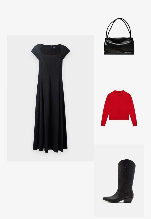Red knitted cardigan with long sleeves, round neckline, and button closure. Features a ribbed hem and cuffs. Smooth texture.; Black sleeveless dress with a fitted bodice, flared skirt, and a square neckline. Fabric appears smooth with a zipper closure at the back.; Black leather cowboy boot with pointed toe, low stacked heel, and intricate embossed leaf pattern on the shaft. Loop at the top for easy wear.; Black leather bag with a smooth texture, rectangular shape, and two long handles. Simple design with no visible hardware or embellishments.
