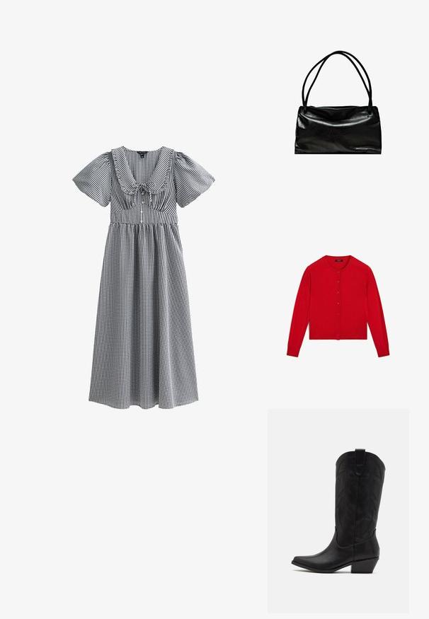 Cardigan en tricot rouge à manches longues, col rond et fermeture par boutons. Présente un ourlet côtelé et des poignets côtelés. Texture lisse.; Robe vichy noir et blanc avec des manches bouffantes courtes, un décolleté large, une taille froncée et une jupe mi-longue. Présente un nœud au centre.; Botte de cowboy en cuir noir avec un bout pointu, un talon bas empilé et un motif de feuilles embossé complexe sur la tige. Boucle en haut pour un enfilage facile.; Sac en cuir noir avec une texture lisse, de forme rectangulaire et deux longues poignées. Design simple sans matériel ou embellissements visibles.